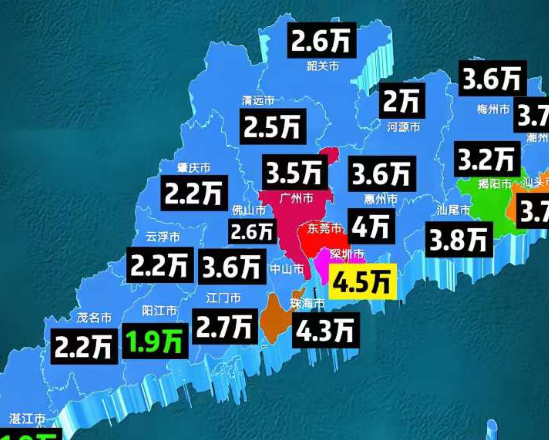 广东省结婚彩礼均价地图，深圳破坏规矩4.5万文，另外客家和潮汕也比较高